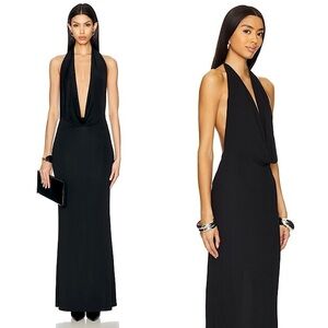 NWT RETROFETE Velvet Halter Draped Plunge Cowl Neck Open Back Sleeveless Gown S